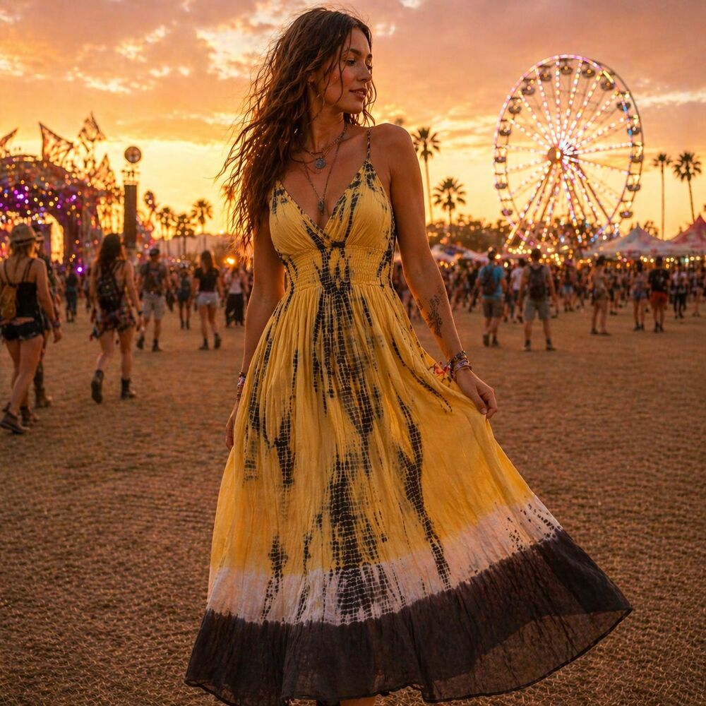 J Gee Tie Dye Maxi Dress M Flowing Boho Festival Beach Statement Sundress